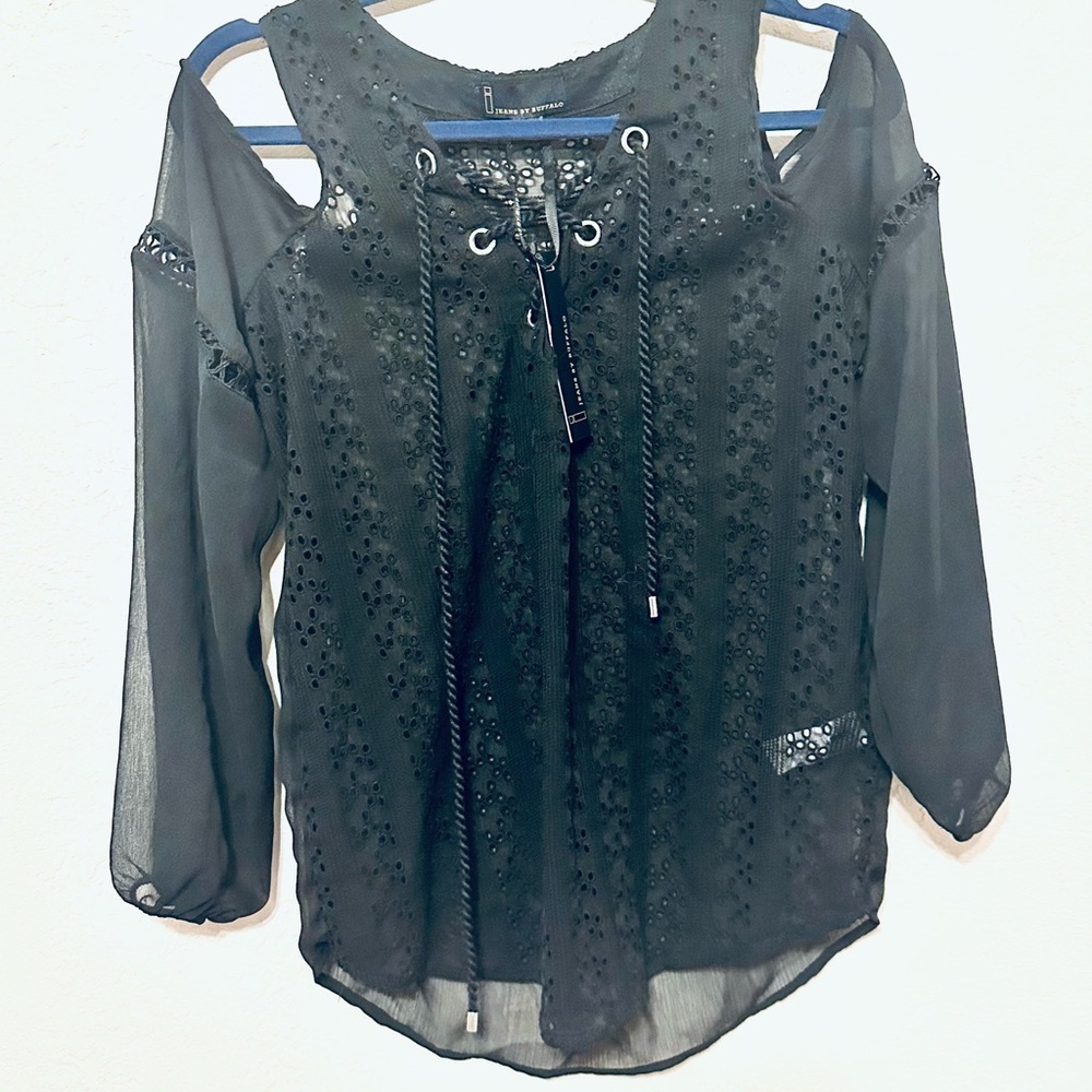 Buffalo David Bitton Black Sheer Lace-Up Blouse Cold Shoulder size Small NWT